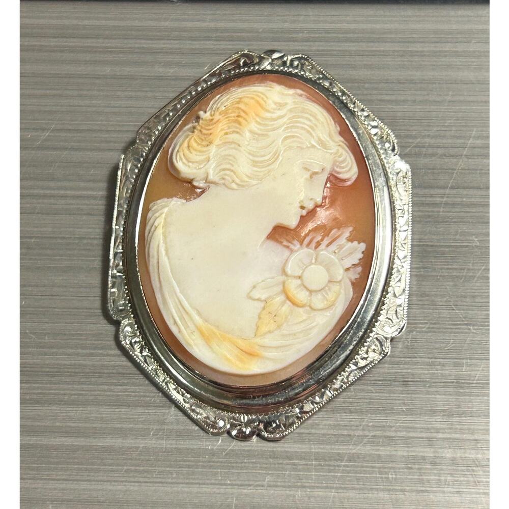 Antique large 14k white gold art deco cameo carved pink brooch necklace pendant